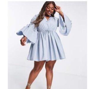 Blue Bishop Sleeve Plunge Neck Sundress for Cocktail